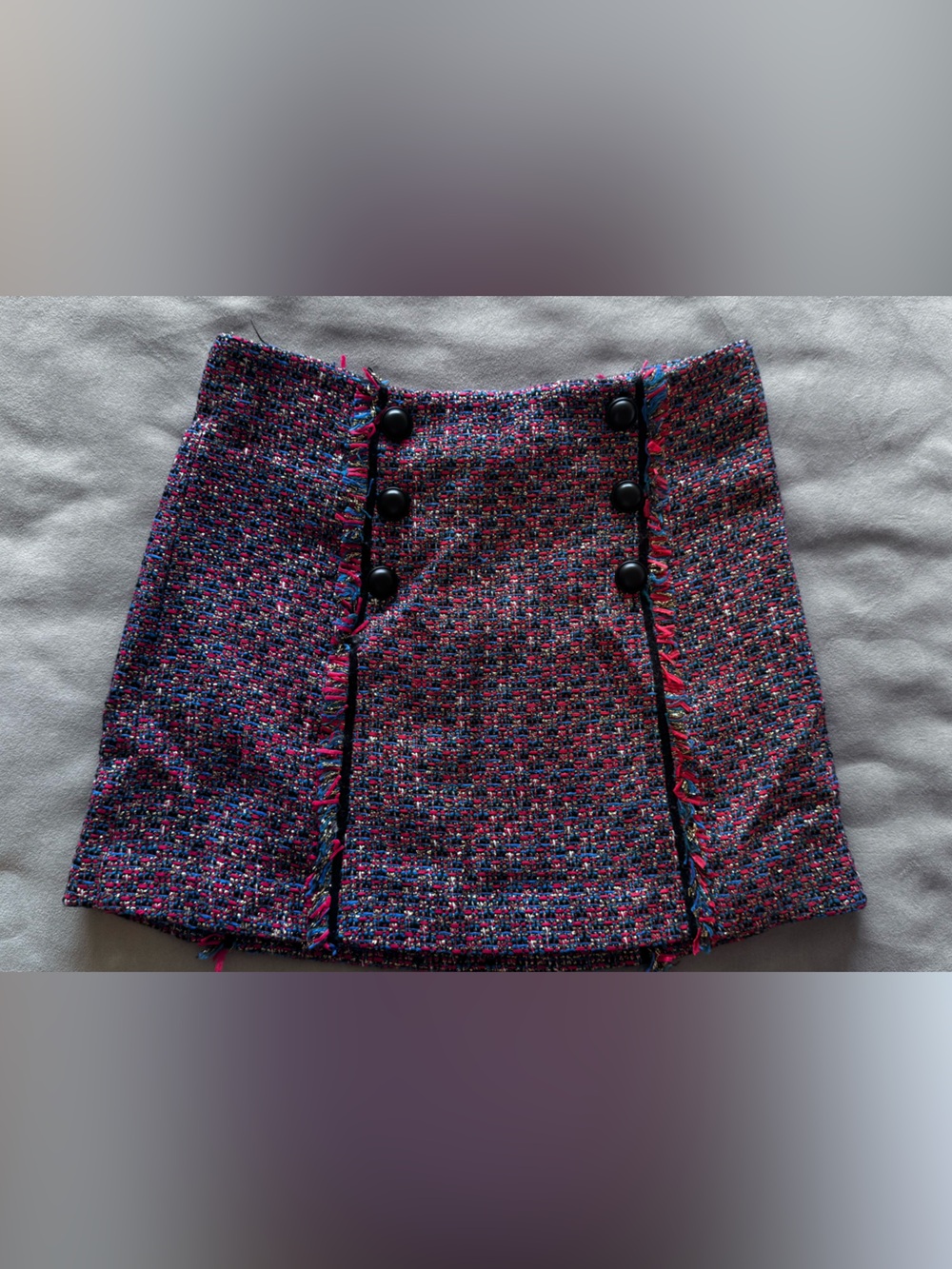 Veronica Beard Pink Multicolor Tweed Mini Skirt with Button Detail